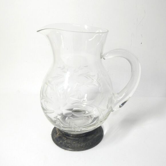 Etched Glass Pitcher w/Sterling Silver Base Vintage 7" Tall - Picture 1 of 10